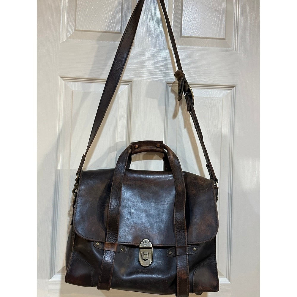 Will Leather Goods Brown Leather Messenger Bag Satchel Briefcase Brass Hardware
